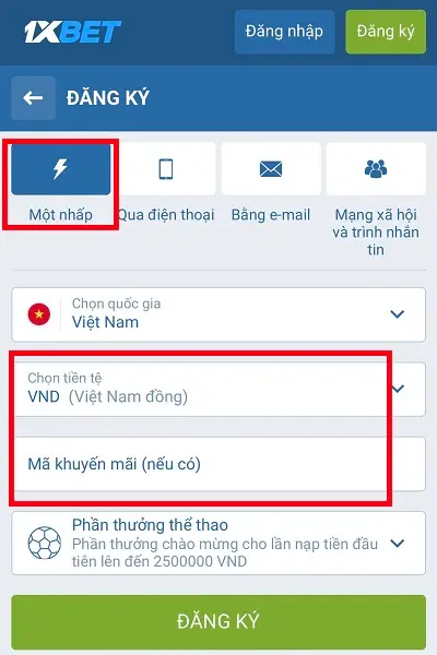 Đăng ký một nhấp dễ dàng với nhà cái 1XBET