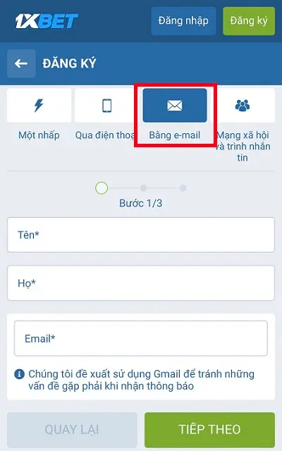 Lựa chọn hình thức đăng ký bằng email 
