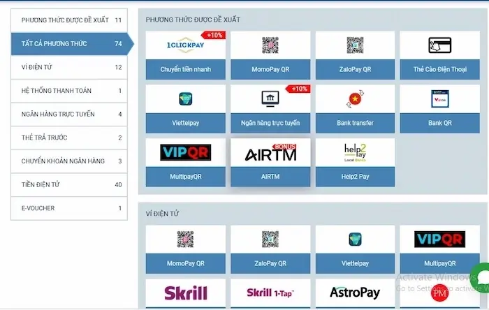 Các phương thức nạp tiền 1XBET