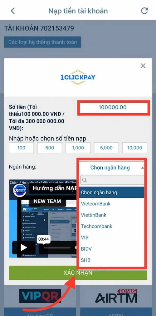 Bươc 2 hướng dẫn nạp tiền 1XBET