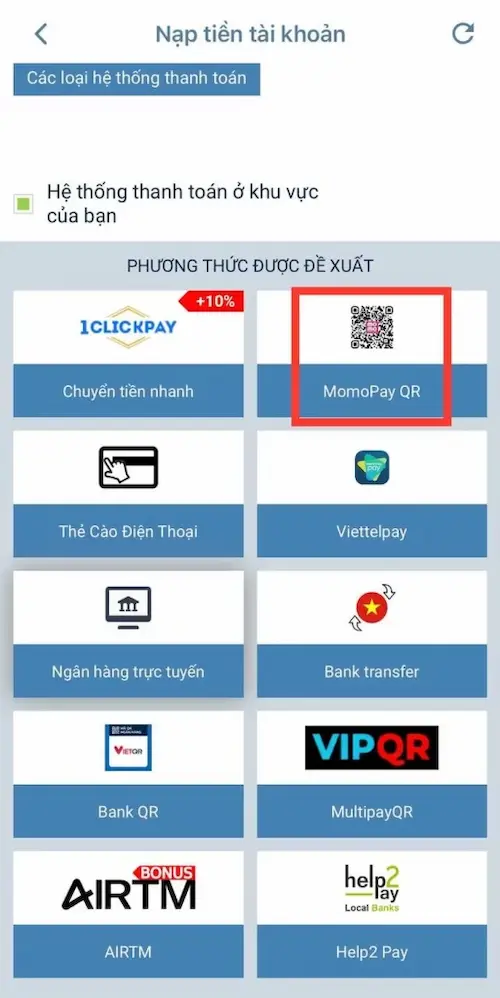 Bước 1 nạp tiền bằng hình thức thanh toán qua ví Momo