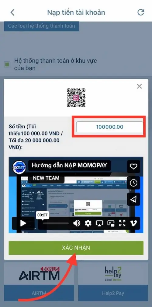 Bước 2 nạp tiền bằng hình thức thanh toán qua ví Momo
