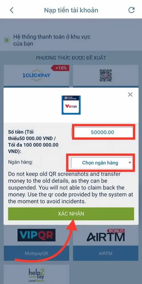Bước 2 nạp tiền bằng hình thức quét mã QR ngân hàng
