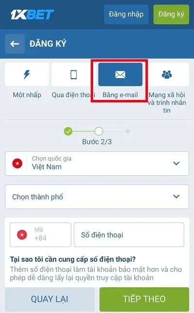 Bước 2 hướng dẫn đăng ký nhanh 1XBET
