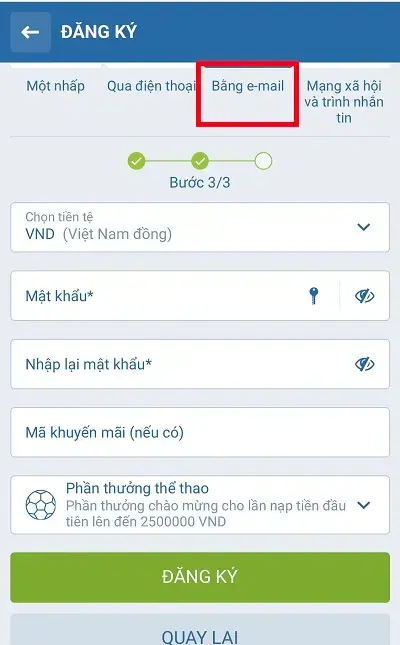 Bước 3 hướng dẫn đăng ký nhanh 1XBET